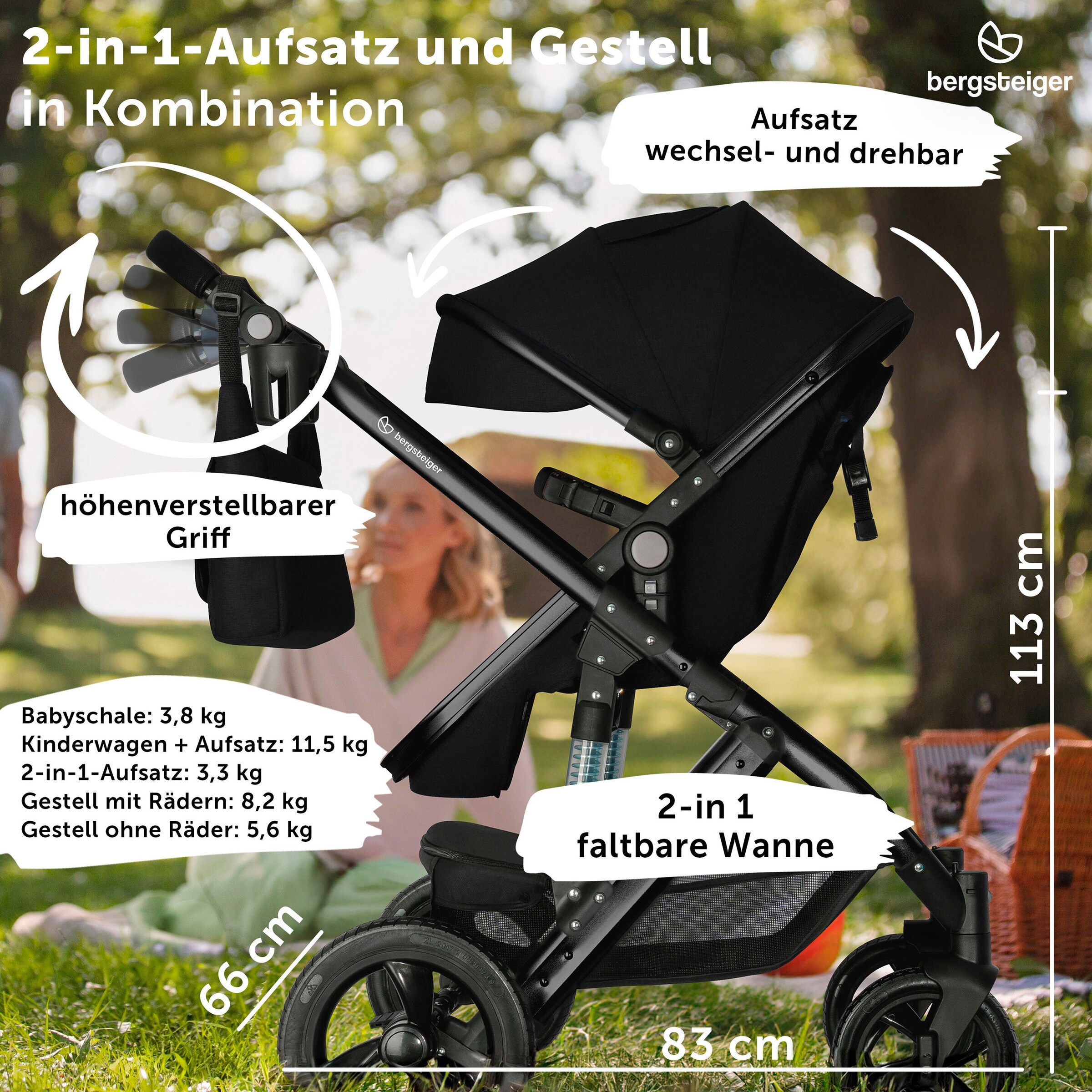 Bergsteiger Kinderwagen Nizza + Babyschale black | Gestell: black