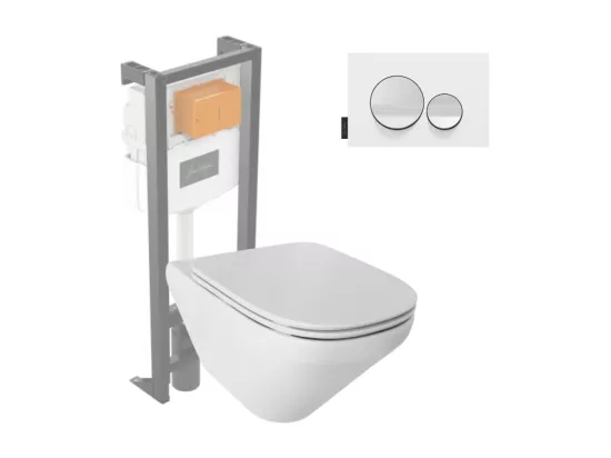 Pack WC suspendu sans bride JACOB DELAFON Modern Life + abattant + bâti-support + plaque ronde blanche