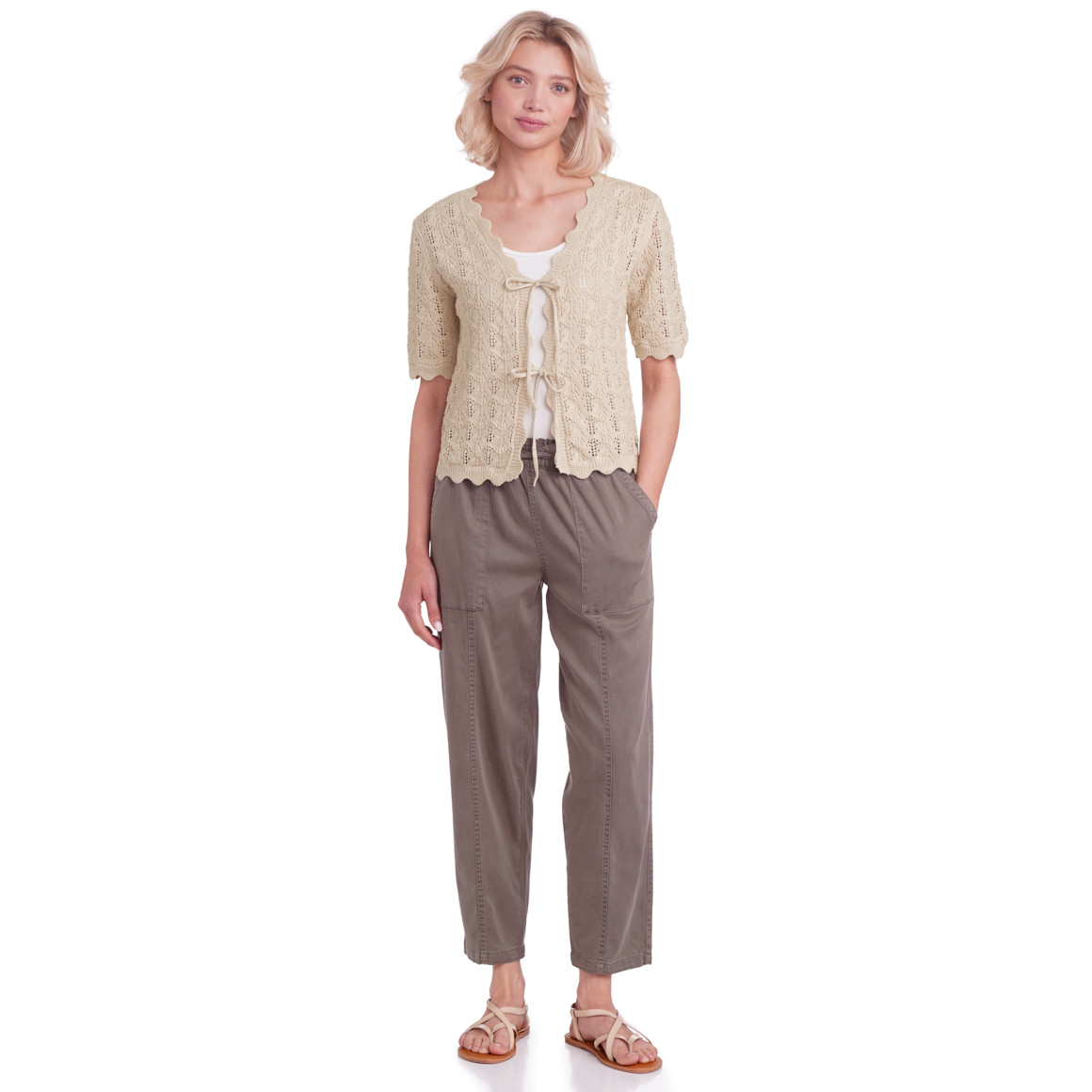 Gina Collection Damen Strickjacke mit Ajourmuster beige