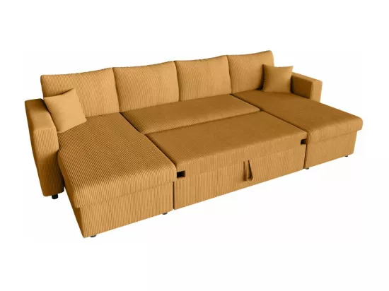 Canapé panoramique 6 places Maria convertible avec 2 coffres en velours côtelé - Jaune - L295 x P146 x H81cm - Loungitude