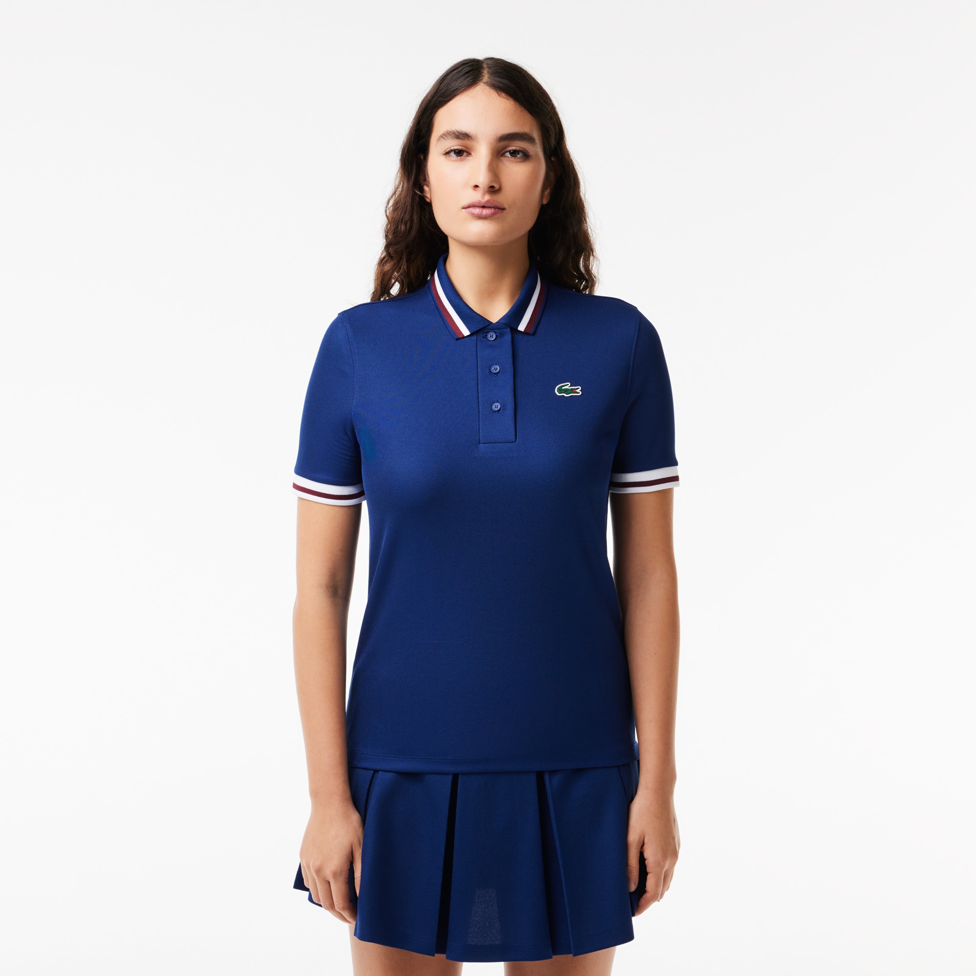 Polo Sport avec col rayé contrasté en piqué Manches Courtes - Bleu - Lacoste - Femme
