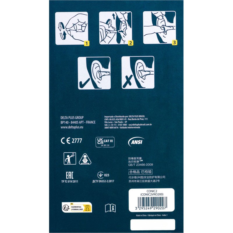 Bouchons d'oreilles jetables Delta Plus CONIC200 - 36 dB - Boîte distributrice de 200 paires