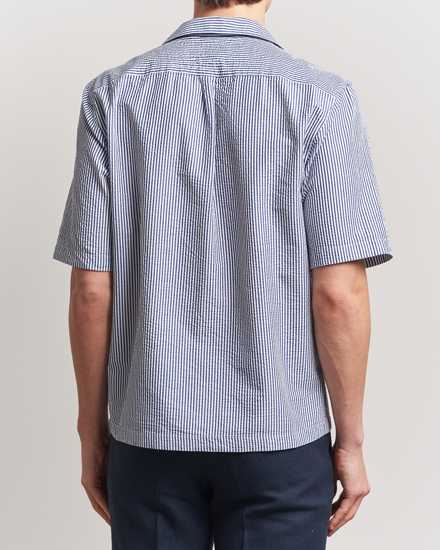 Oscar Jacobson Cuban Short Sleeve Seersucker Shirt Blue/White