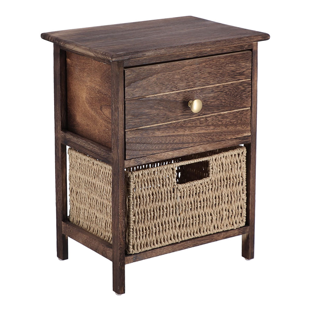 Meuble de rangement paulownia 1 panier 1 tiroir marron bois 37.5x48x27.5cm