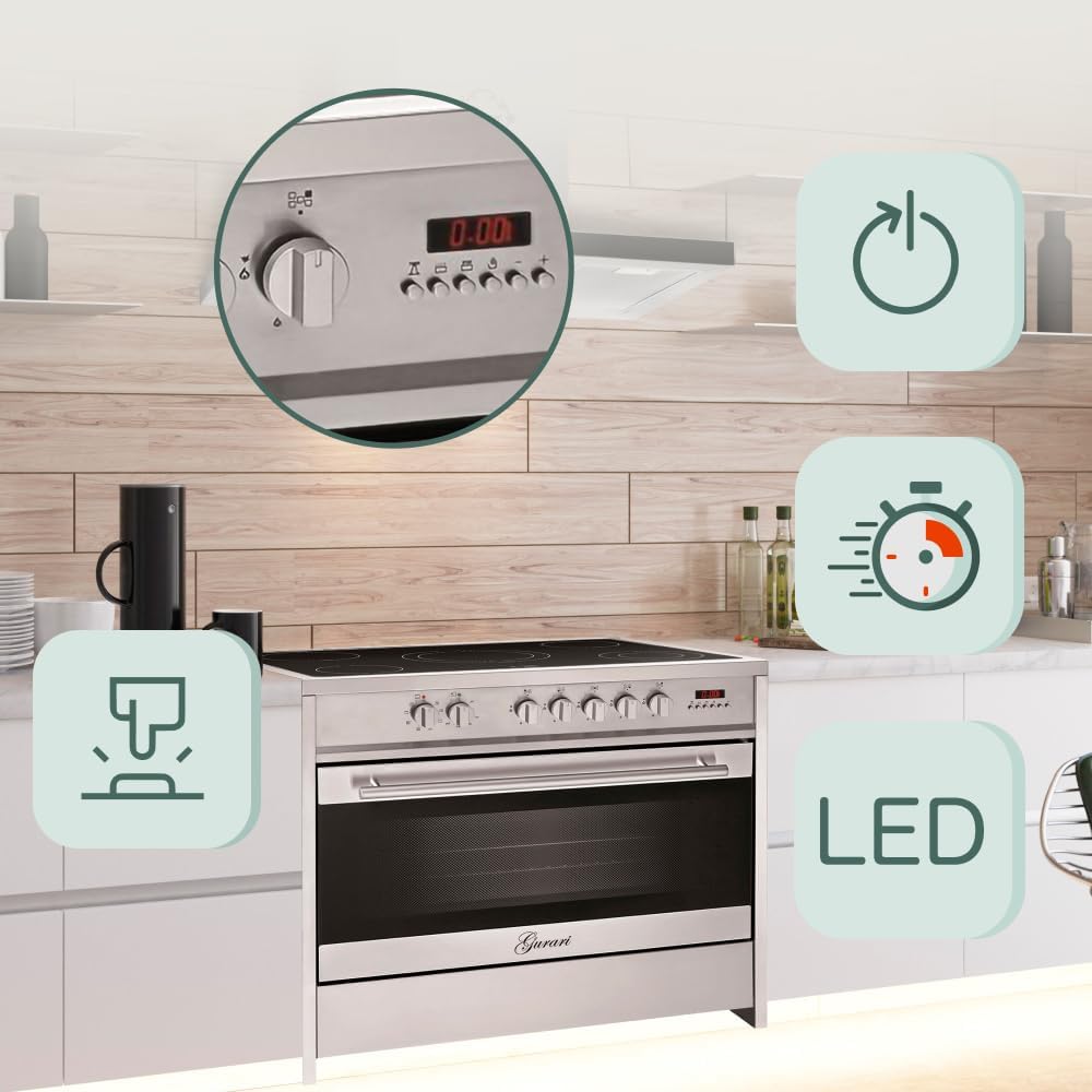 Elektro Standherd 90 cm GCH E 912 X Glaskeramik Herd Range Coocker 121 L | Heißluft | Grill | 5 Hi-Light Zonen Kochfeld | Teleskopauszug | Edelstahl Grau/Silber