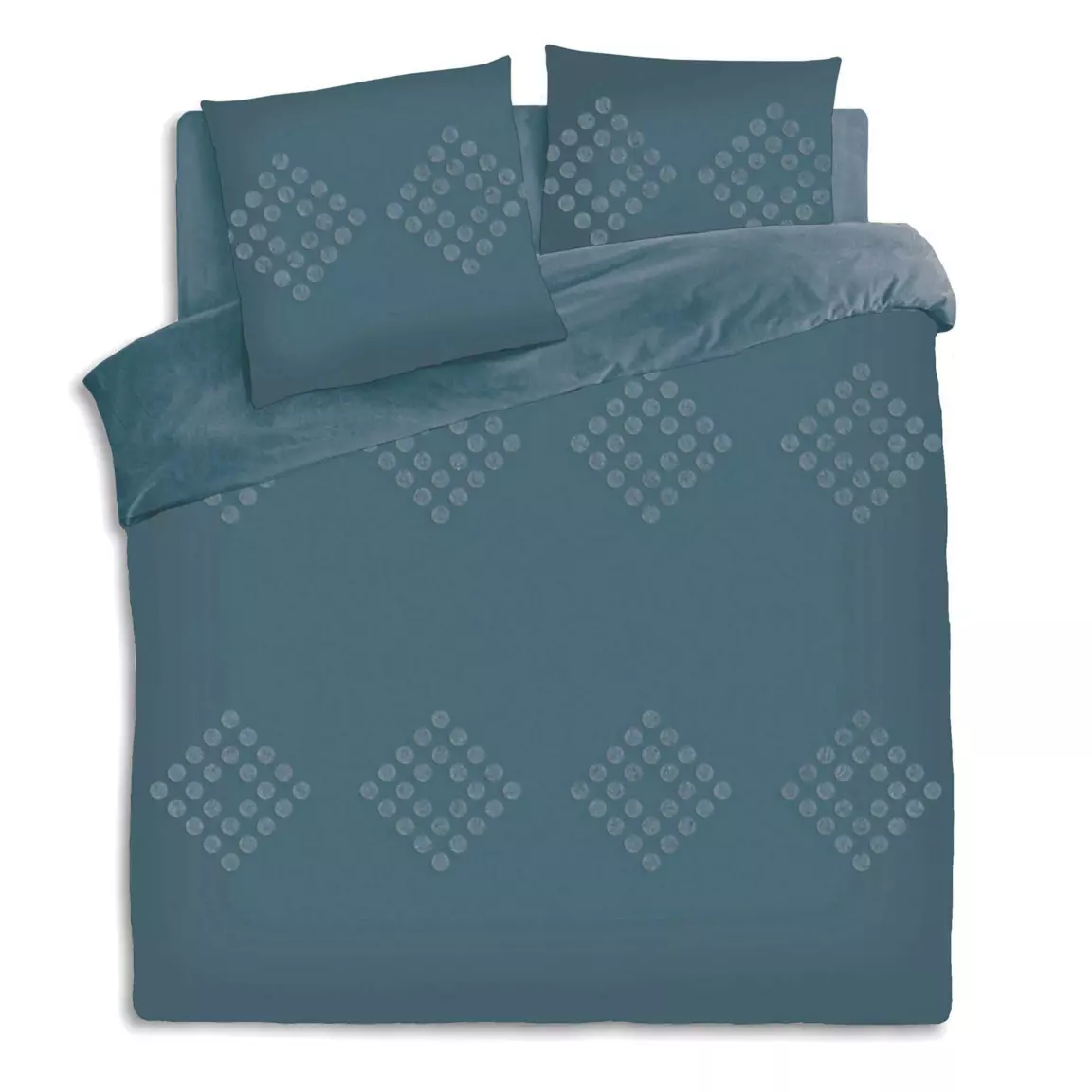 Housse de couette et deux taies coton lavé (260 x 240 cm) Moura Bleu canard