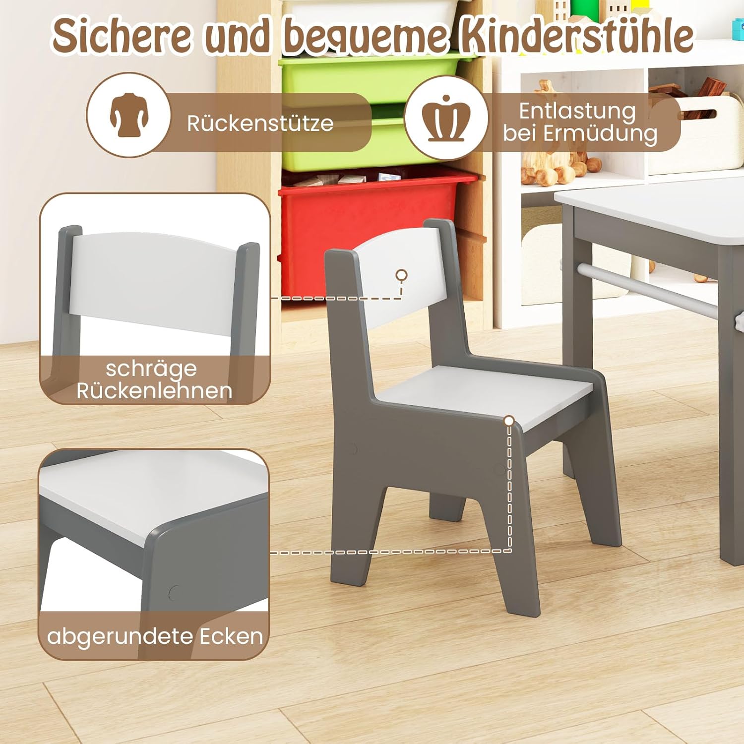 COSTWAY Kindertisch mit 2 Stühlen, 2 in 1 Kindersitzgruppe aus Holz mit Stauraum, Kinder Tisch Stuhl Set mit Papierrollenhalter & 4 Stoffbehältern, Maltisch für Kinder ab 3 Jahren (Grau)