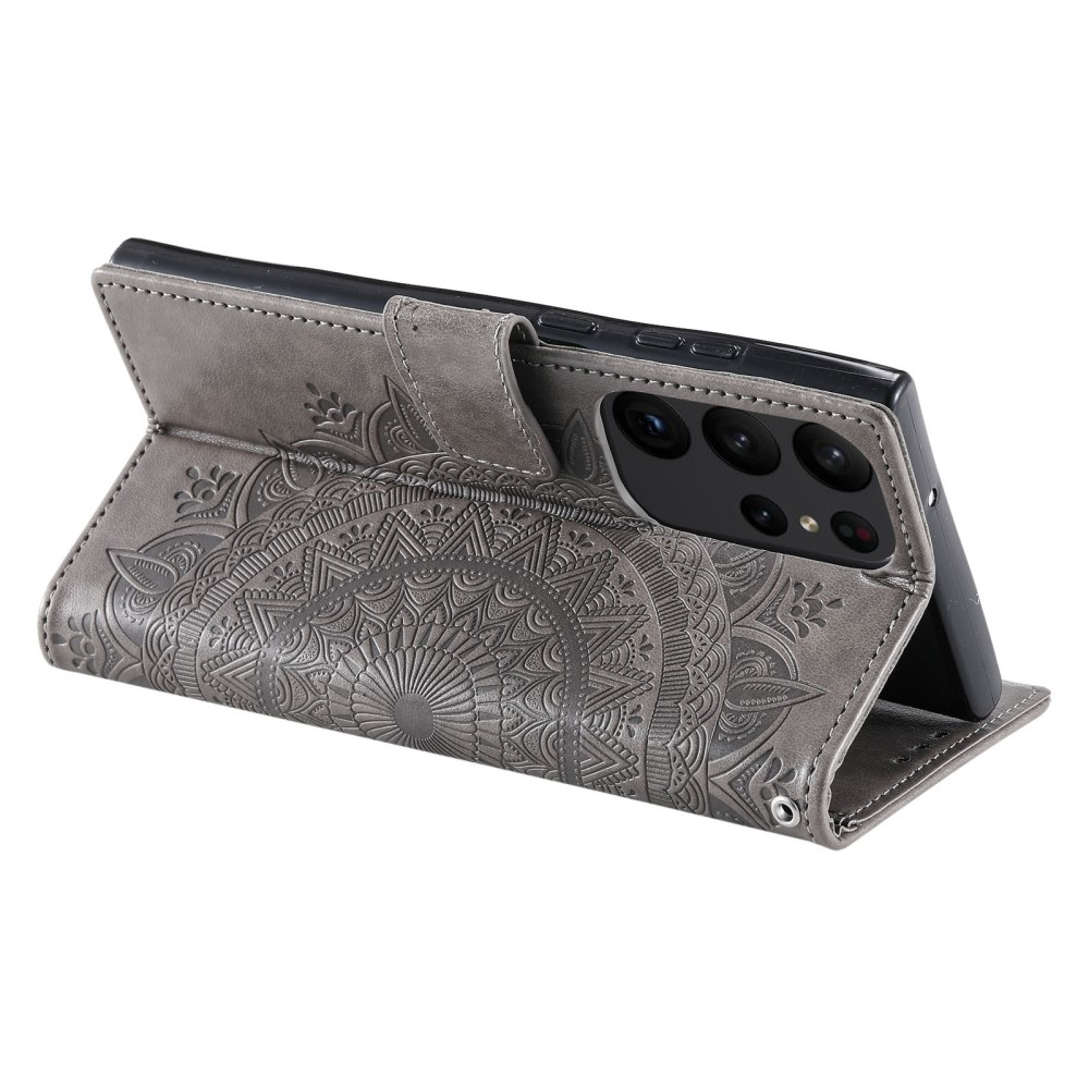 Samsung Galaxy S23 Ultra 5G Leder Tasche Wallet - Mandala Flowers Imprint - Grau