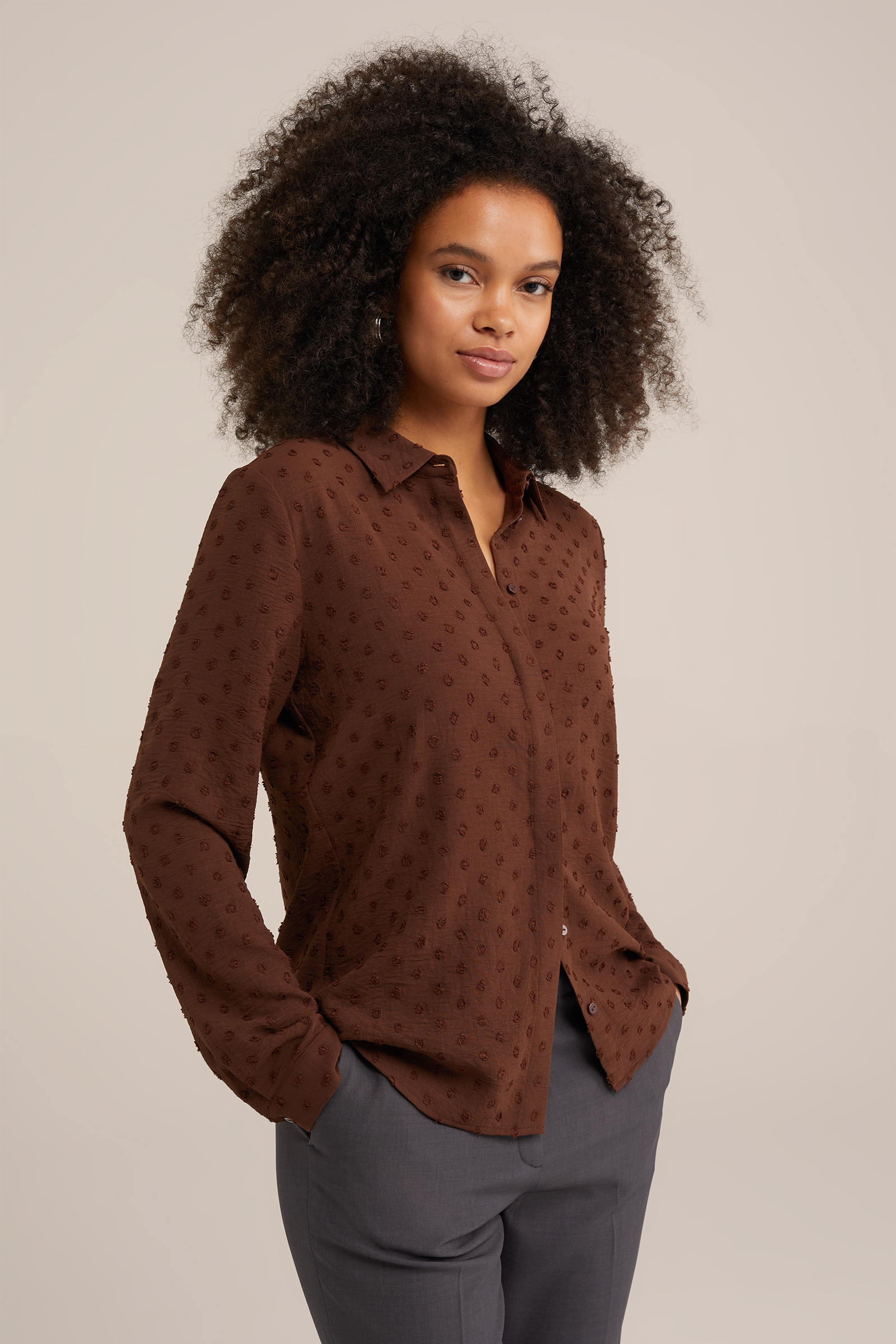 blouse met structuur WE Fashion Bruin