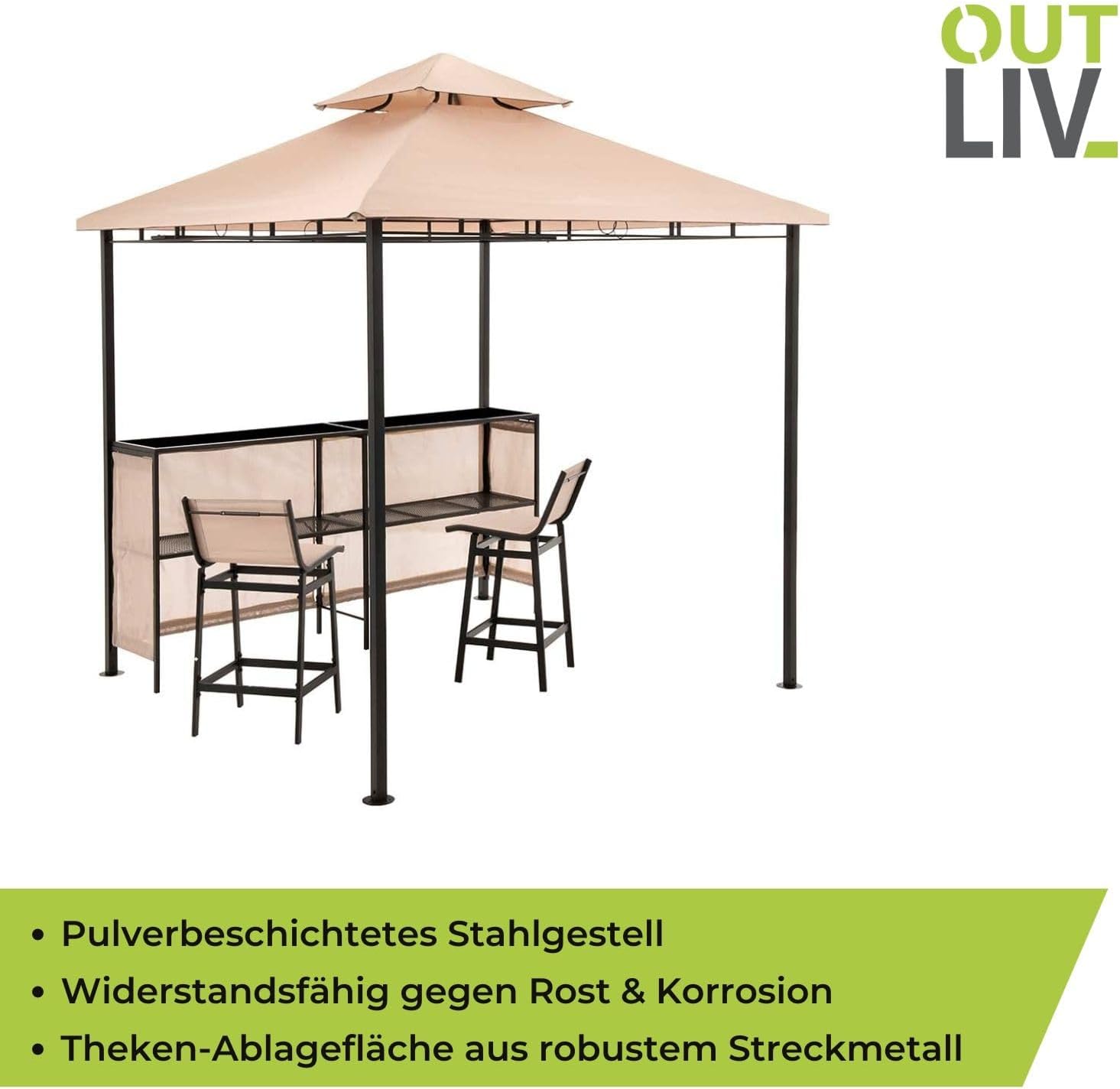 OUTLIV. Gartenpavillon, mit Bar und 2 Stühlen, strapazierfähig, langlebig, inkl. Thekenabdeckung und integrierter Dachlüftung, 240x240x250, Beige