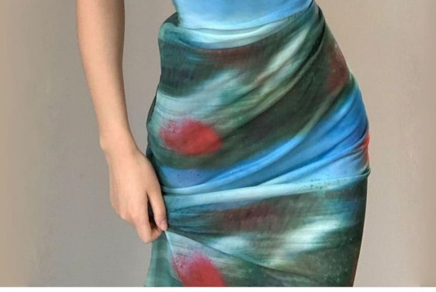 Peach+velvet - Spaghettibandjes Tie Dye Slit Maxi Schede Jurk