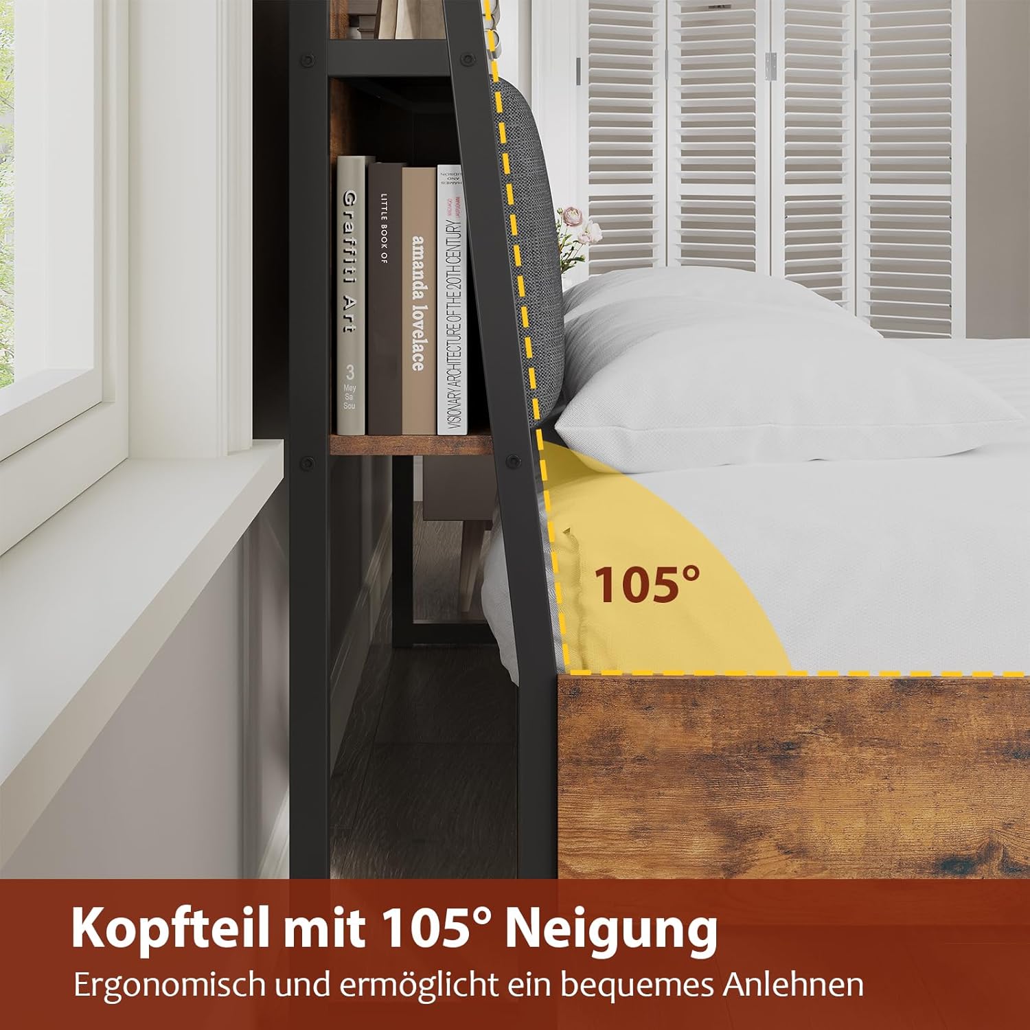 Bett 140x200 cm, Metallbett Bettgestell, Bettrahmen mit Lattenrost, Ladestation, 2 Schubladen, Metallrahmen & Holzkopfteil mit Stauraum, für Schlafzimmer, Gästezimmer, Schwarz+Vintage-braun