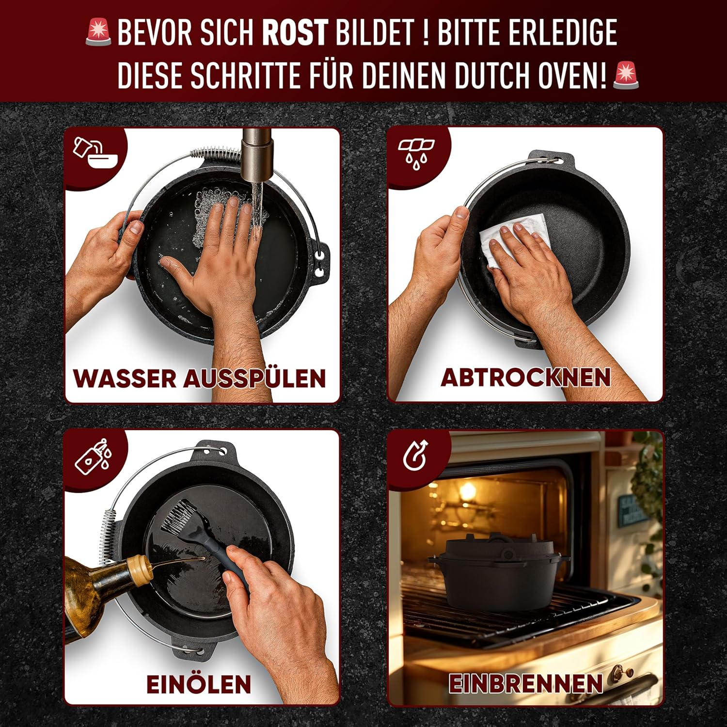 Dutch Oven Set - Eingebrannter Dutch Oven 12 Liter [10-16 Person]-Feuertopf Gusseisen mit Füßen-Schmortopf Doppelfunktion-2in1 Deckelheber, Bürste & DutchOven Rezeptbuch-30 Jahre Garantie