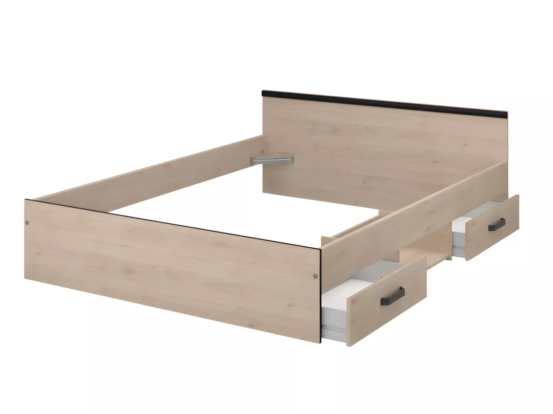 Lit avec rangements 140 x 190 cm - 2 tiroirs et 1 niche - Coloris : Naturel - PABLO