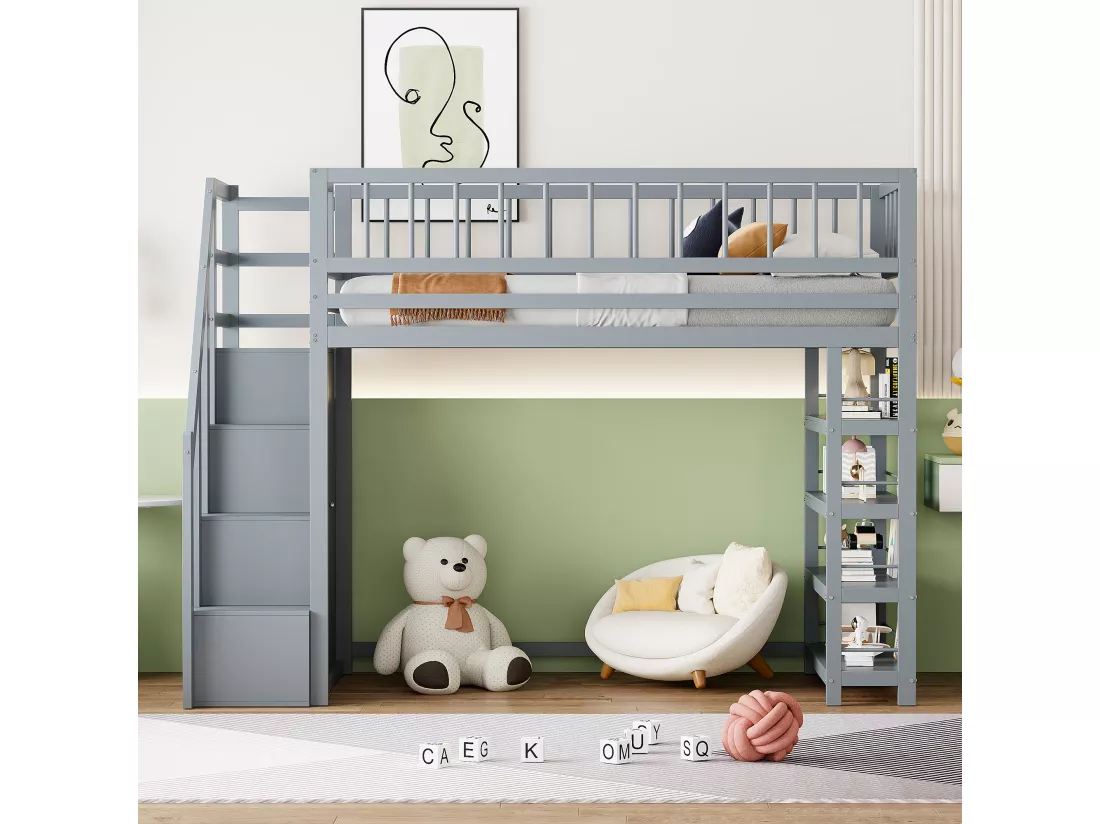 Lit mezzanine 90x200 cm - avec étagères et échelle de rangement - en bois massif - Gris