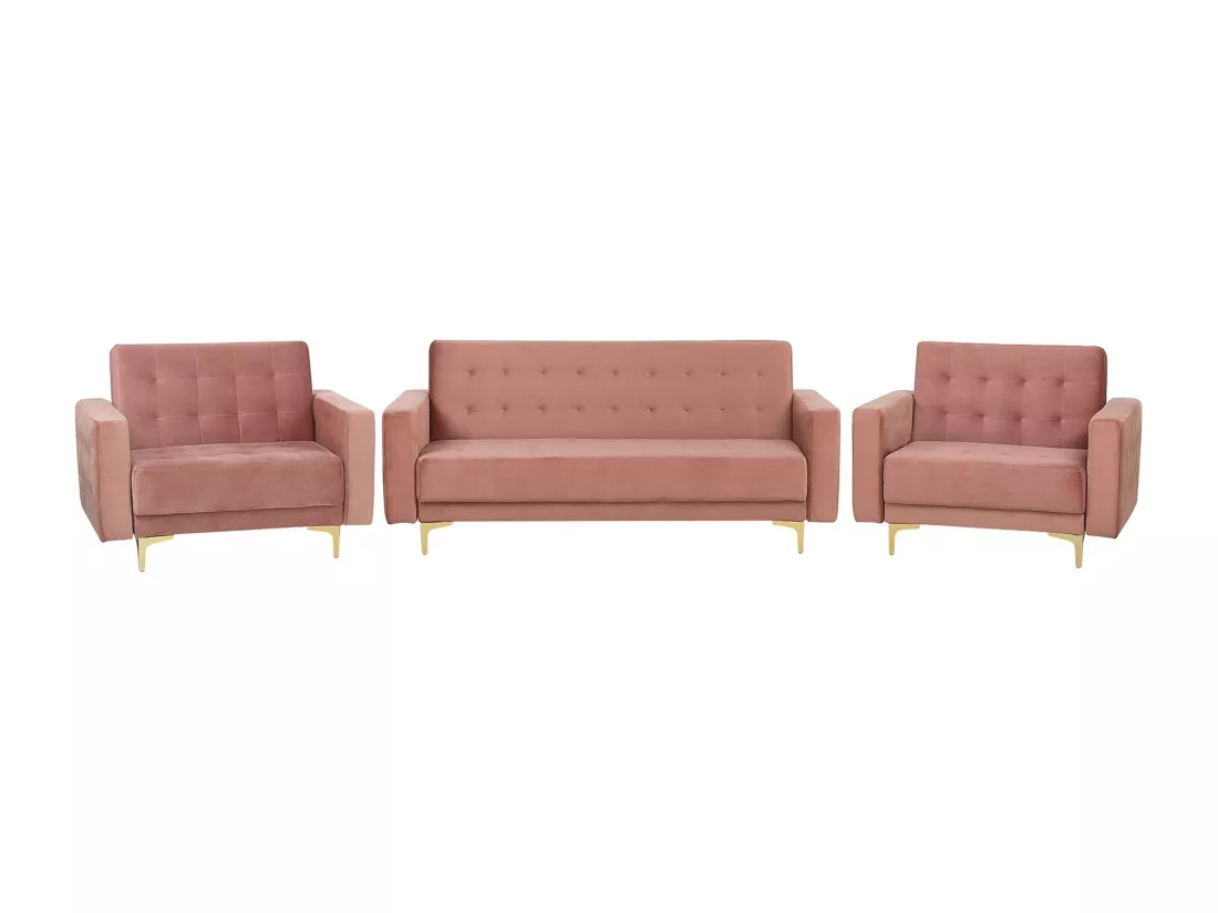 Ensemble canapé et fauteuils en velours rose 5 places ABERDEEN