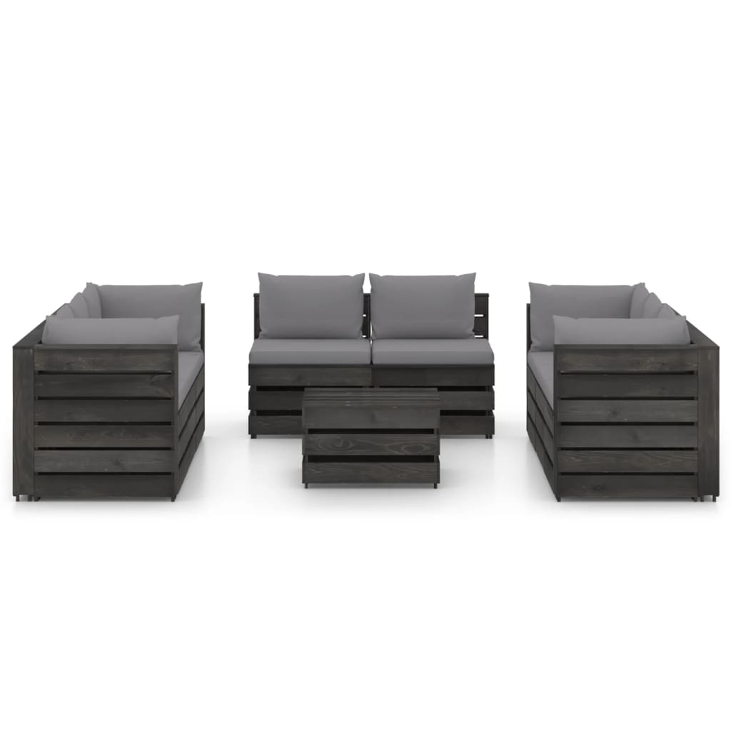 Salon de jardin meuble d'extérieur ensemble de mobilier 9 pièces avec coussins bois imprégné de gris