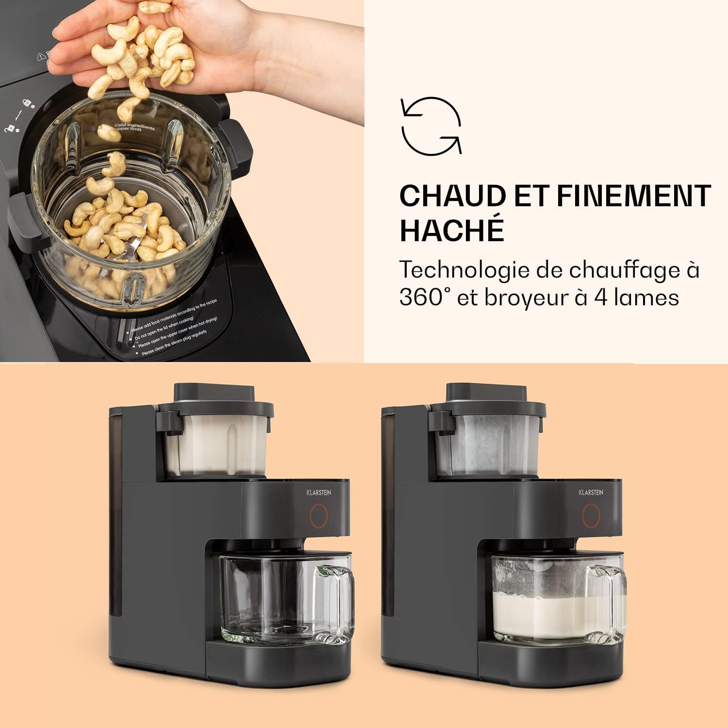 Klarstein Mixer, mixeur sur pied avec 300 et 1250 watts de puissance, pour la préparation de laits végétaux et smoothies avec technologie de chauffage à 360°, 30.000 tours/minute, écran tactile, noir
