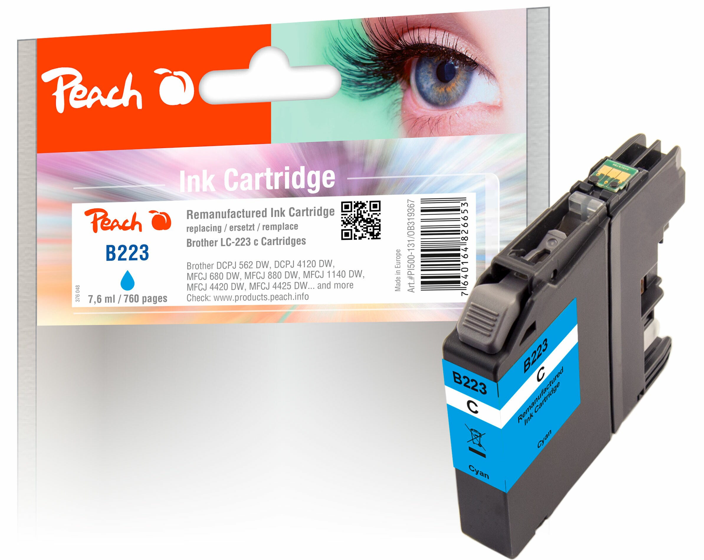 Peach B223 C Druckerpatrone XL cy ersetzt Brother LC-223C für z.B. Brother DCPJ 562 DW, Brother DCPJ 4120 DW, Brother MFCJ 4420 DW, Brother MFCJ 5600 (wiederaufbereitet)