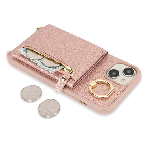 iPhone 14 / iPhone 13 Necklace Leder Hülle mit Münzfach und Kartenfächer   Finger Griff Halterung   Handykette - Roségold