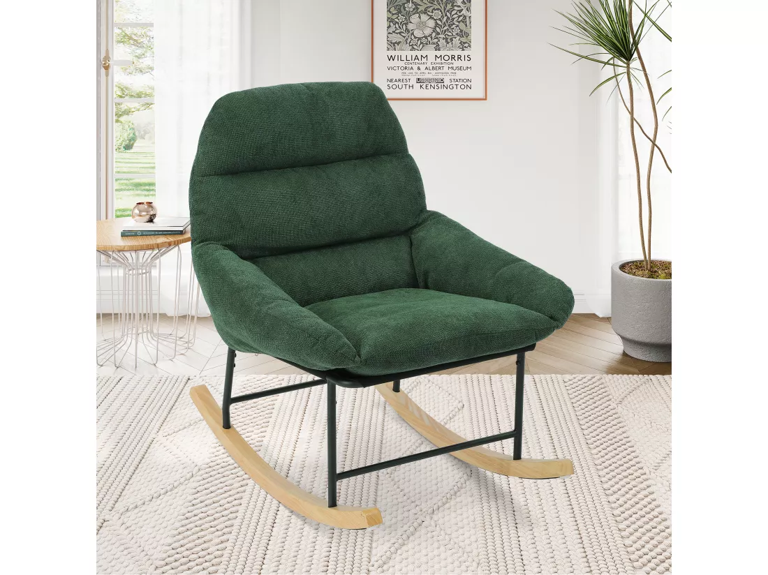 Fauteuil à bascule avec Coussin et pieds en bois massif, en tissu chenille vert, Allaitement, Profondeur d'assise 52cm, pour Chambre Salon