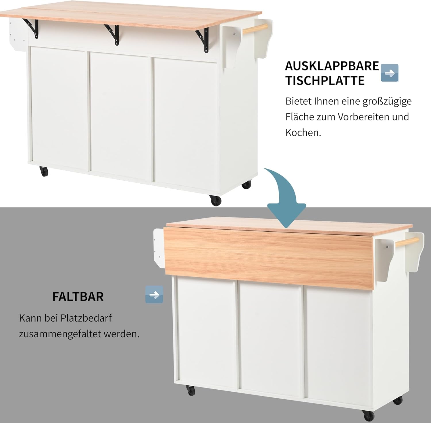 Küchenschrank mit Klappbarer Arbeitsplatte ,Kücheninsel freistehend auf 5 Rollen und 3 Schubladen Mobiler Sideboard Storage küchenschränke für Küche und Esszimmer 139x46(71) x91,5 cm(Weiß)