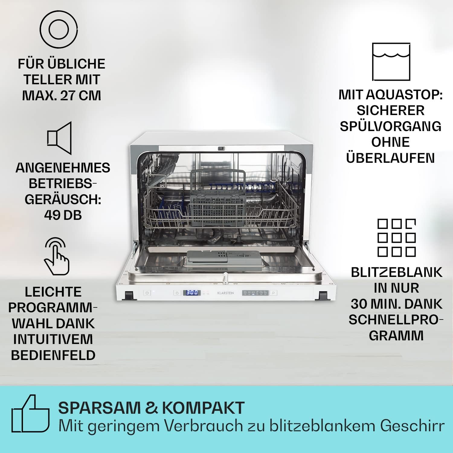 Klarstein Mini-Geschirrspüler für 6 Gedecke, Leiser Einbau-Geschirrspüler Klein mit 6 Spülprogrammen, Kleiner Tisch-Geschirrspüler für Zuhause Büro Camping, Geschirrspüler Mini mit Wasseranschluss