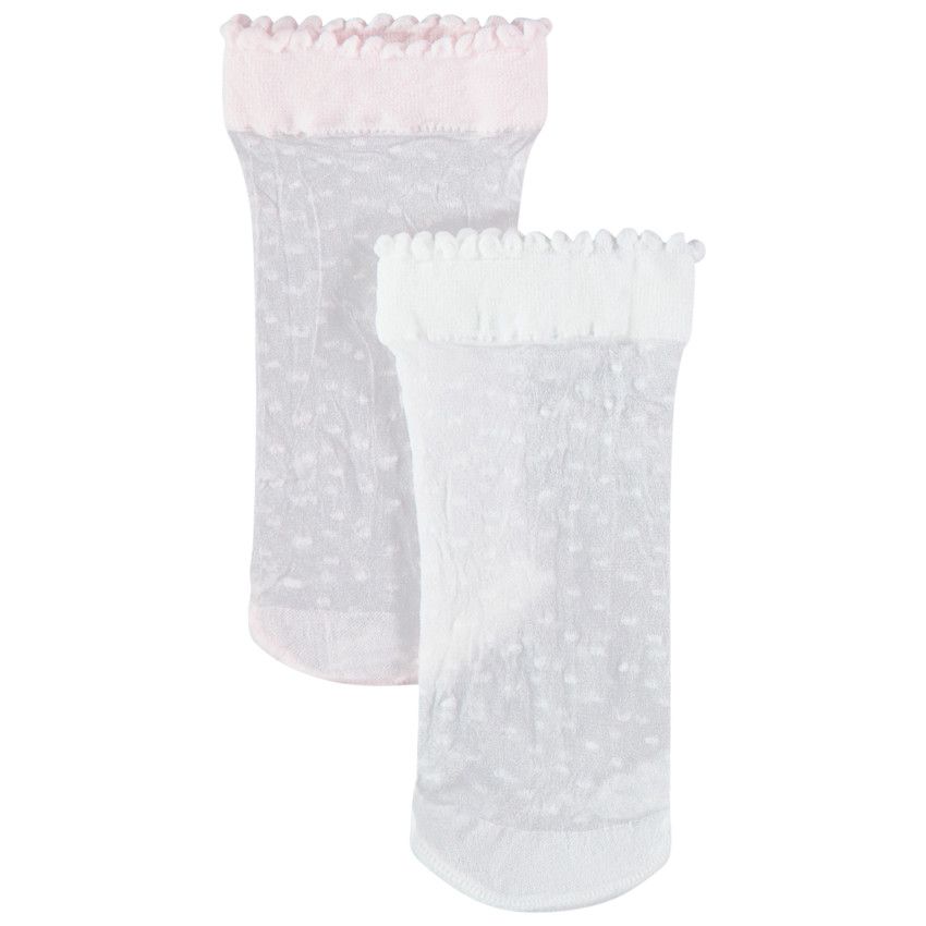 Lot de 2 paires de chaussettes fines en plumetis roses / blanches - Ecru