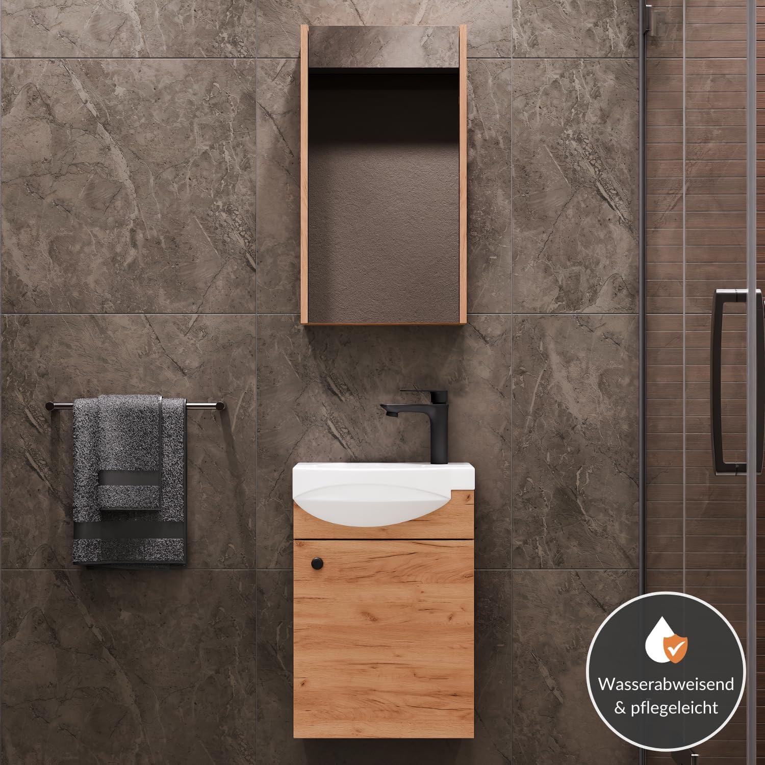 Planetmöbel Badmöbel Set Waschtisch mit Unterschrank 40 x 60 x 29 cm mit Spiegelschrank 40 cm für Badezimmer, Gäste WC & Bad, Gold Eiche