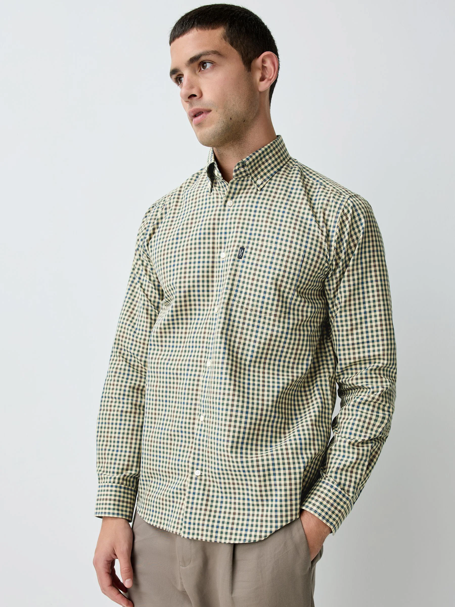 Ecru Tattersall/Neutral Green Gingham - Set van 2 stuks strijkvrije Oxford-overhemden