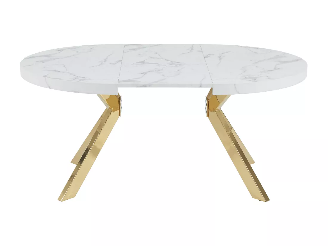 Table à manger extensible 4 à 8 personnes en MDF et acier - Effet marbre blanc et Doré - KOMONI