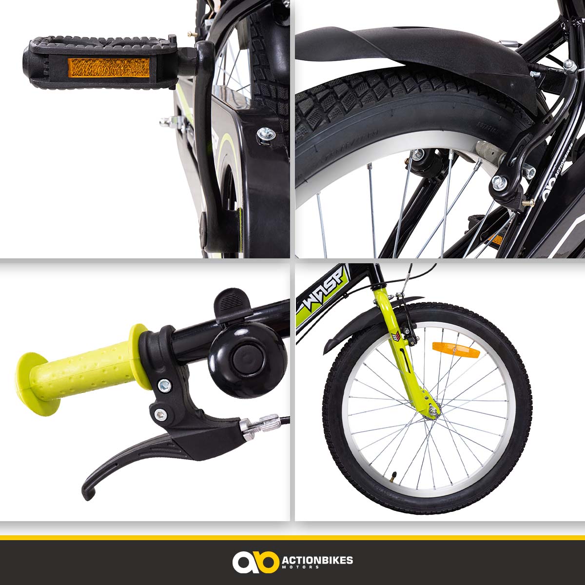Actionbikes Kinderfahrrad Wasp 20 Zoll, Fahrradständer, Schutzbleche, verstellbar, V-Brake-Bremsen (Schwarz-Grün)
