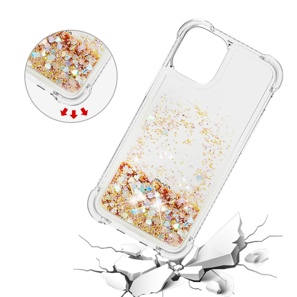 iPhone 13 Hardcase Hülle mit Air Cushion Fallschutz Liquid Case Glitzer Herzen - Gold / Transparent