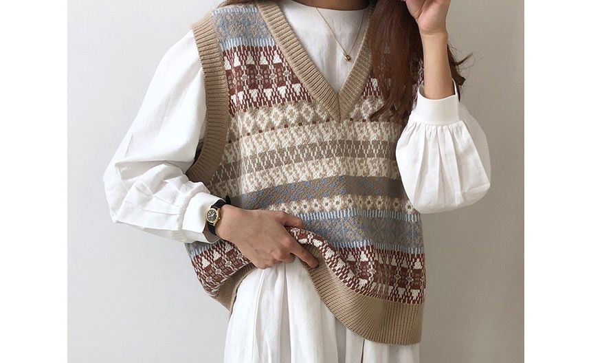 FR - V-hals geometrisch patroon trui vest
