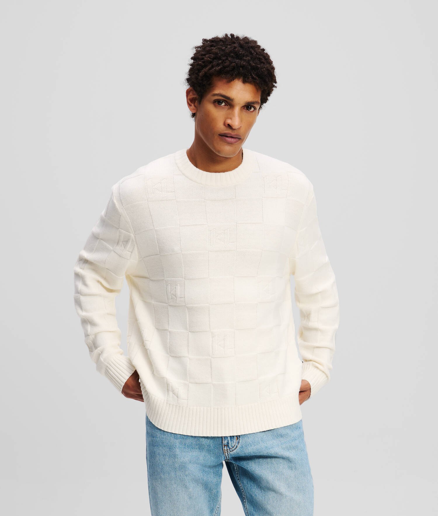 PULL À CARREAUX KL MONOGRAM - Crème Cannoli