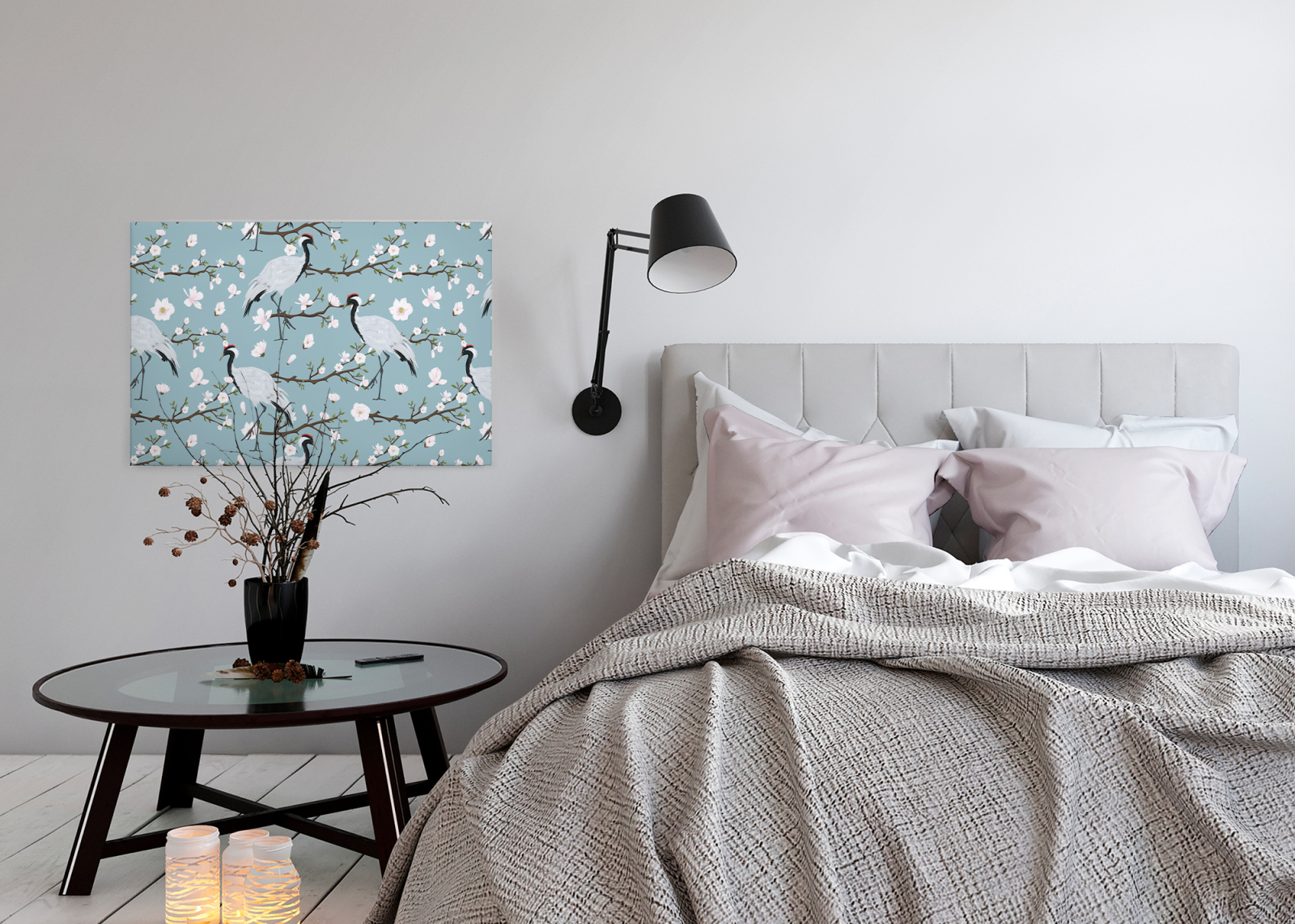 Leinwandbild KRANICH - blau-weiß - 90x60 cm