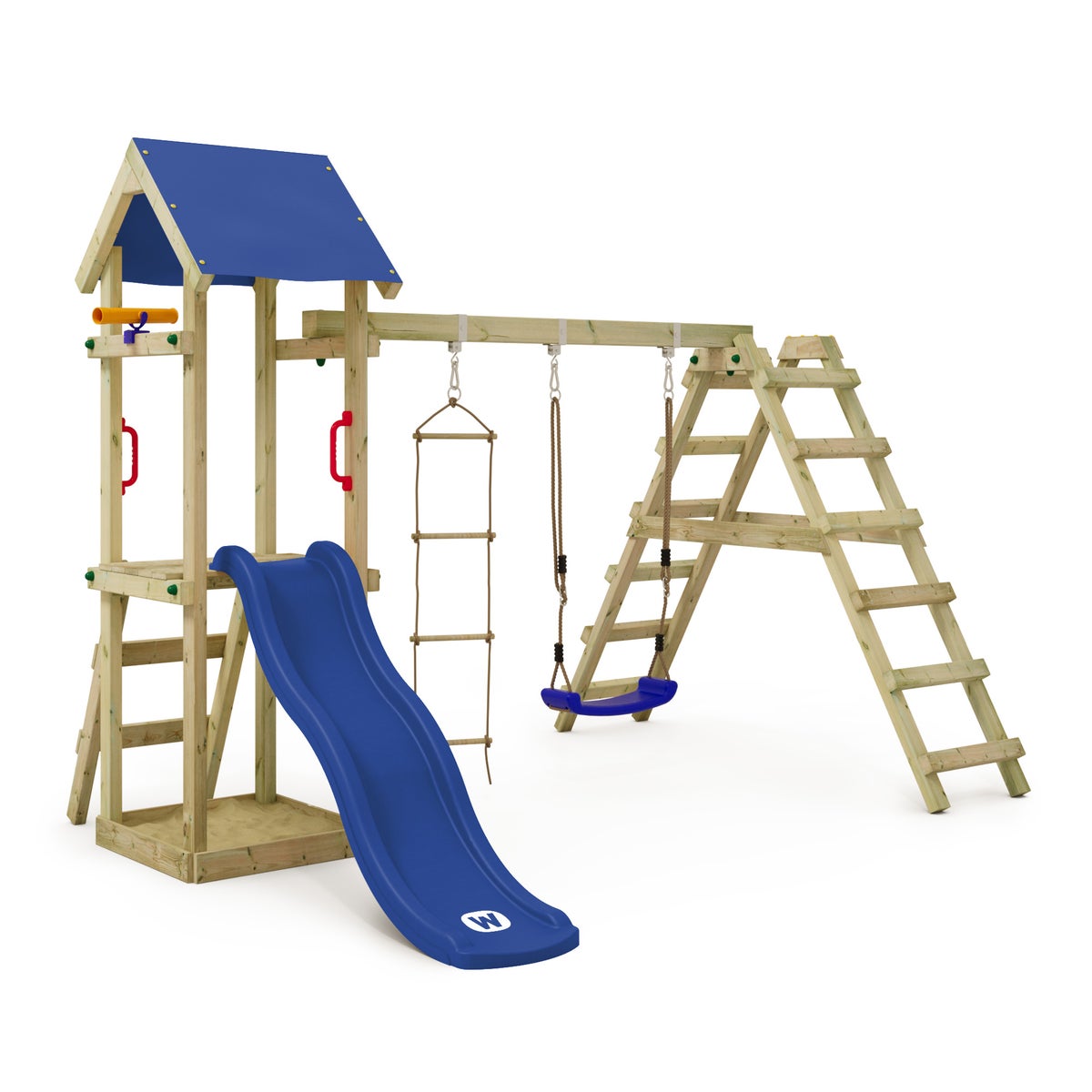 WICKEY TinyLoft Speeltoren Klimrek met Schommel en Glijbaan, Klimtoren met Zandbak, Ladder en Speelaccessoires - Blauw