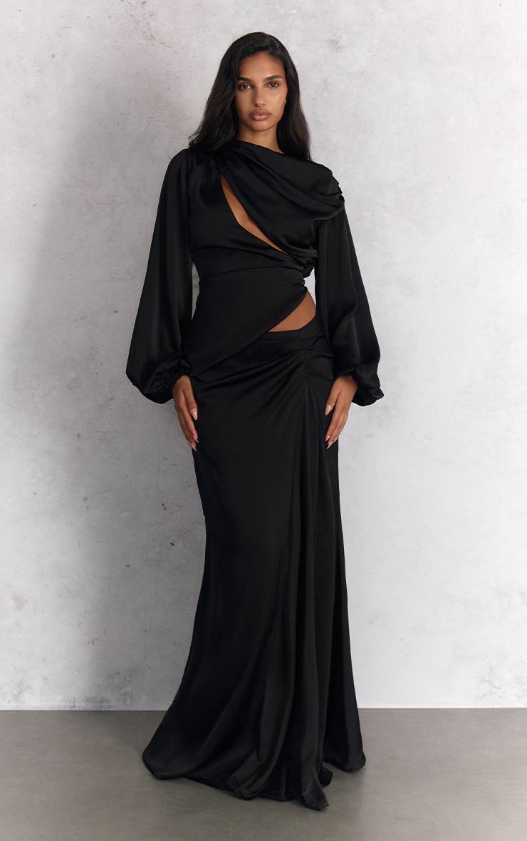 Noir Ensemble Coordonné Blouse Satinée À Manches Longues Et Découpes