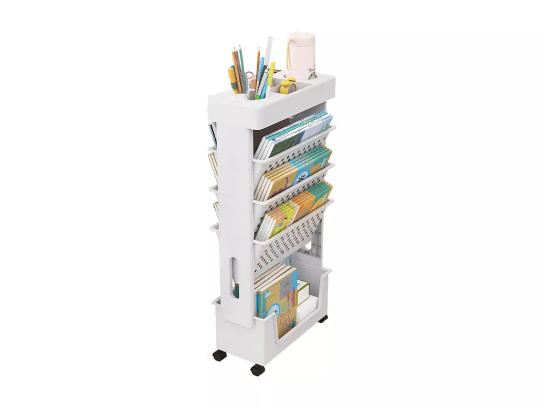 Bibliothèque Mobile à 5 niveaux, avec 4 roulettes, étagères de livre, 37.5x15x78cm, Blanc