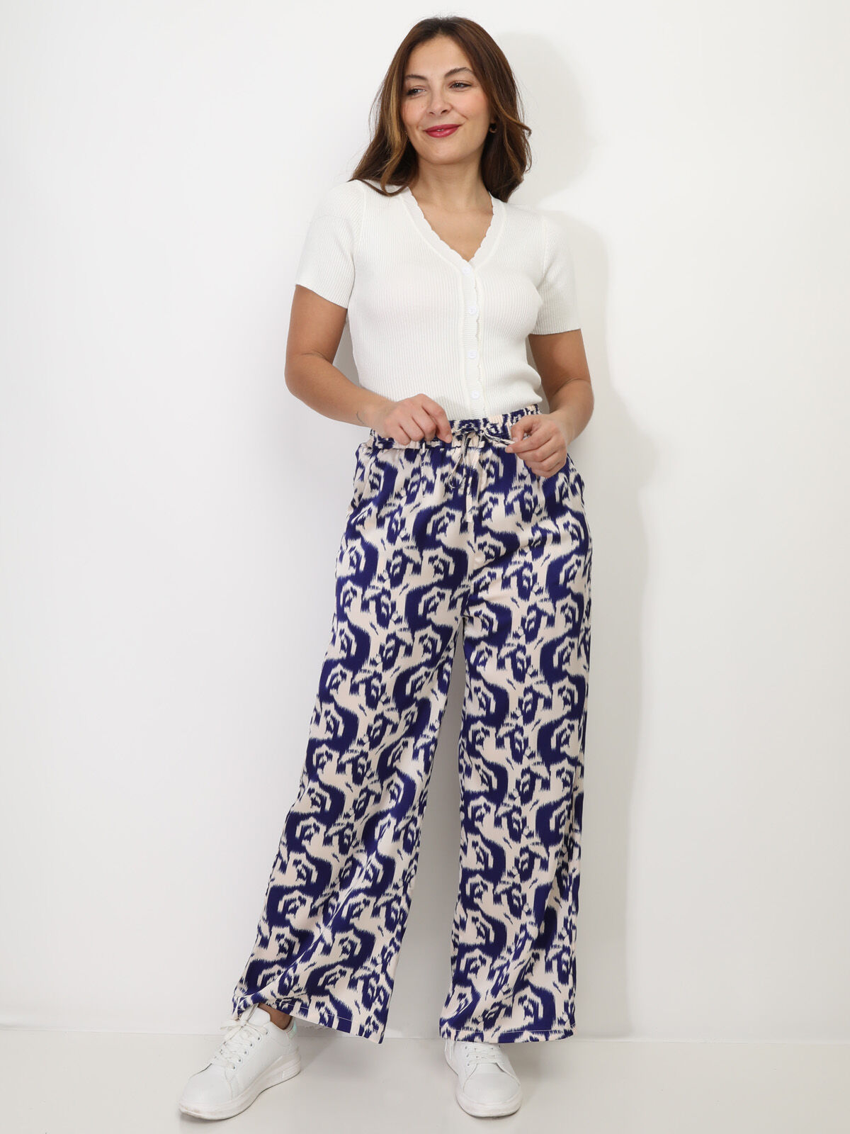 Pantalon satiné à motif abstrait- Bleu