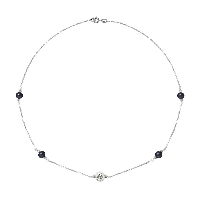 Collier Perles de culture Noires, cristal et Argent 925