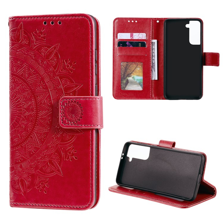 Samsung Galaxy S21 5G Leder Tasche Wallet - Mandala Flowers Imprint - Rot