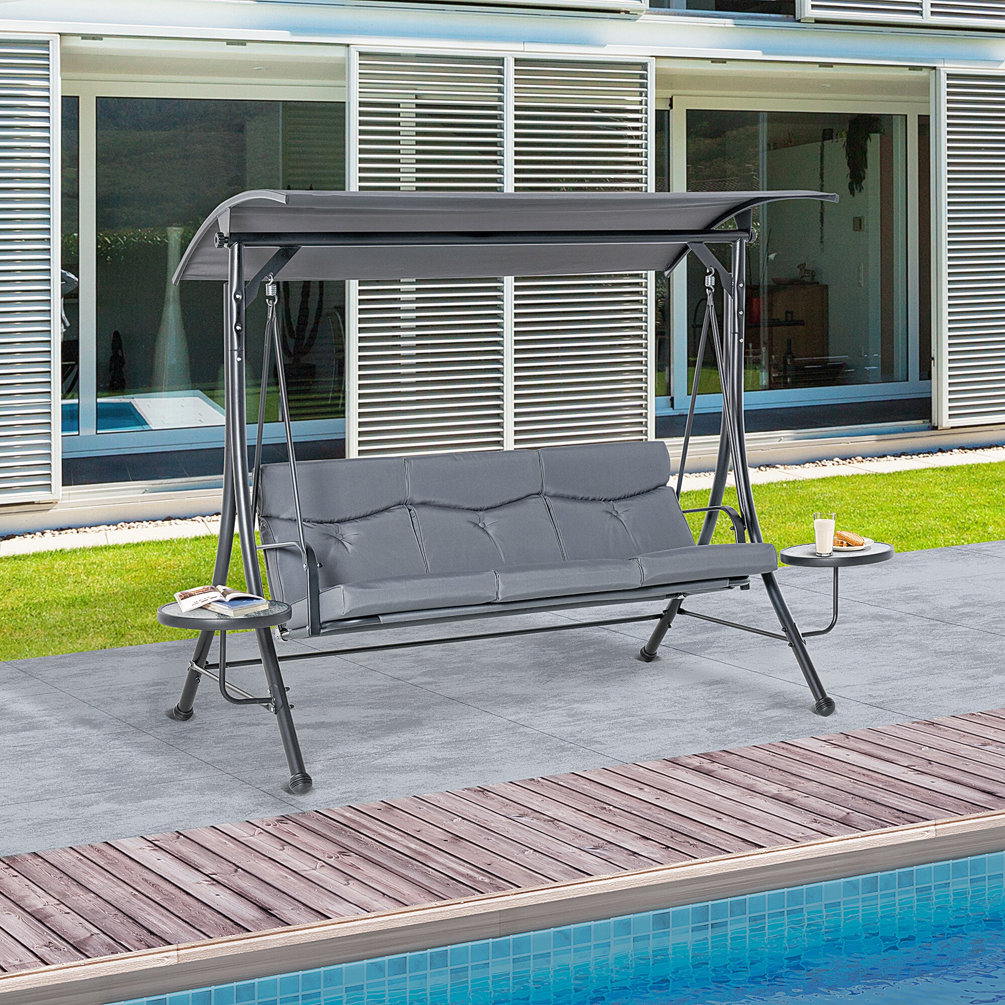 Outsunny 3-Sitzer Hollywoodschaukel mit verstellbarem Sonnendach grau, schwarz 278 x 125 x 177 cm (BxTxH)