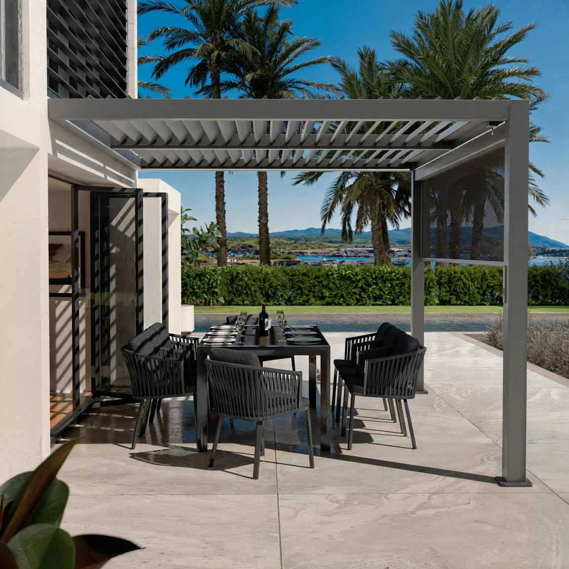 Pergola bioclimatique Adossée motorisée aluminium et LED (3 x 4 m) Gris anthracite