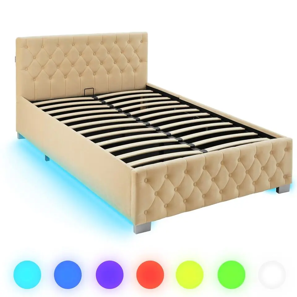 tectake Gestoffeerd bed met LED & opbergruimte, 120 x 200 cm, Beige