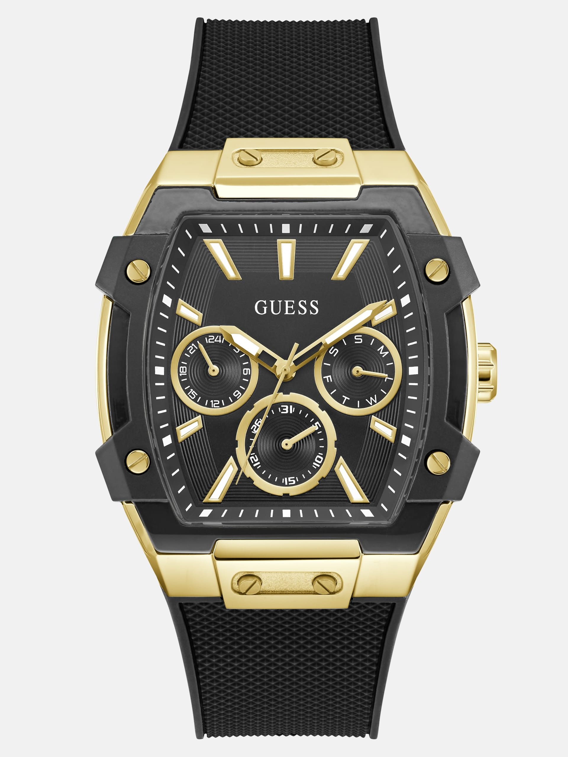 Relógio multifuncional em silicone preto e dourado