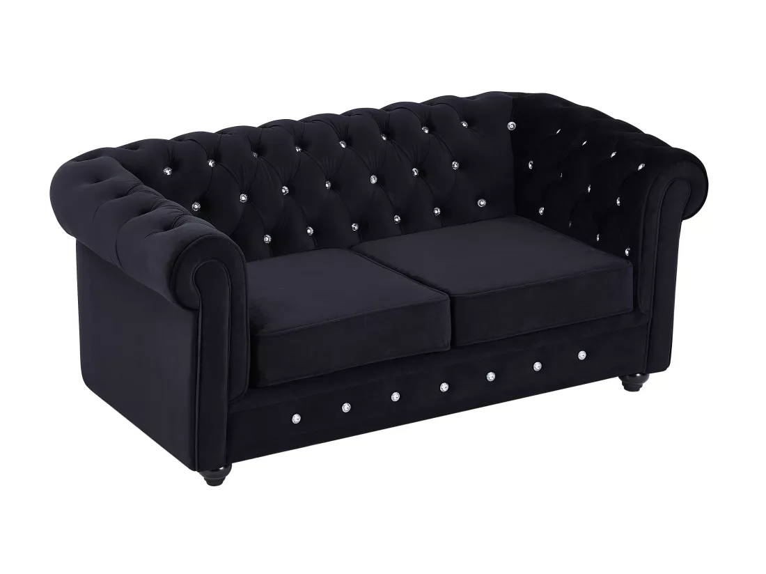 Canapé 2 places en velours noir et boutons effet cristal CHESTERFIELD