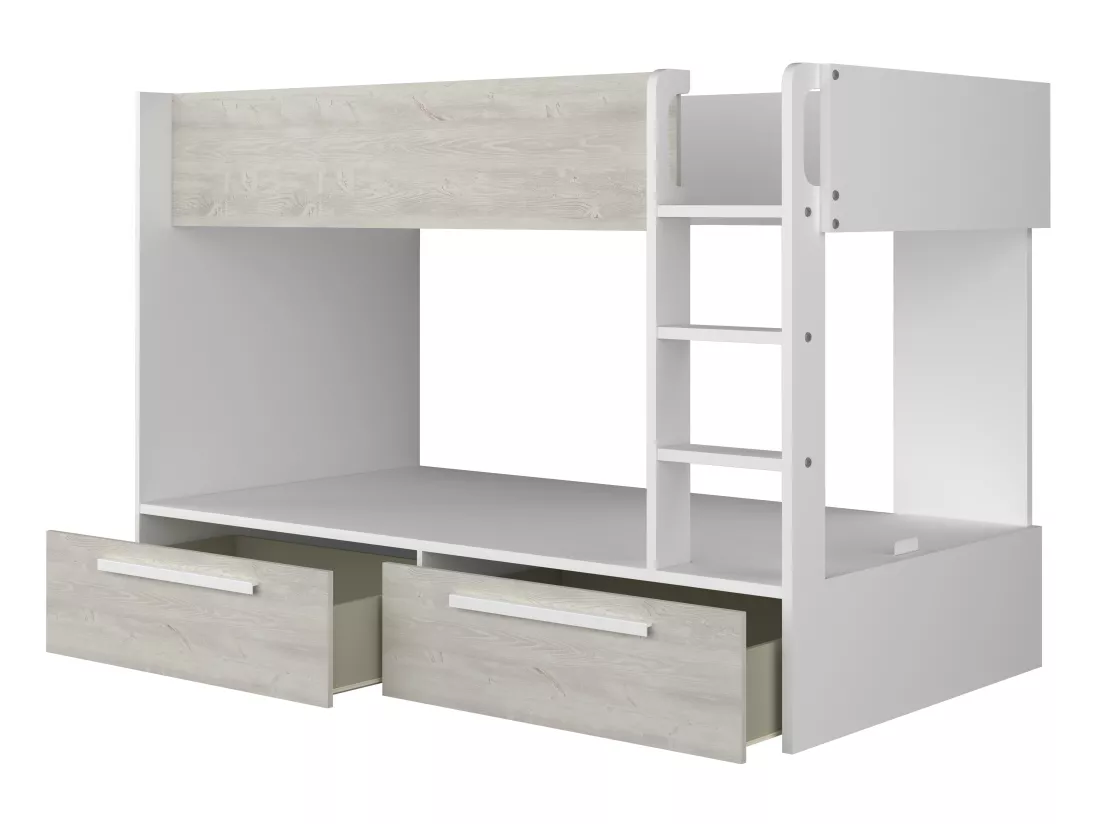 Lits superposés 2 x 90 x 200 cm - 2 tiroirs - Blanc et naturel + Matelas - TINOLI