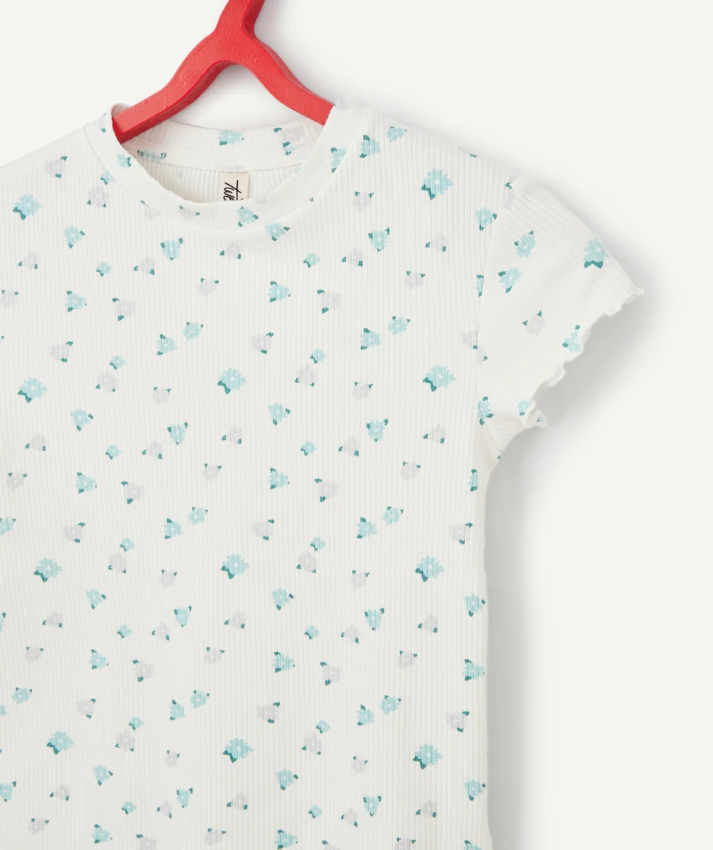 T-SHIRT FILLE EN COTON BIO BLANC CÔTELÉ ET IMPRIMÉ FLEURI
