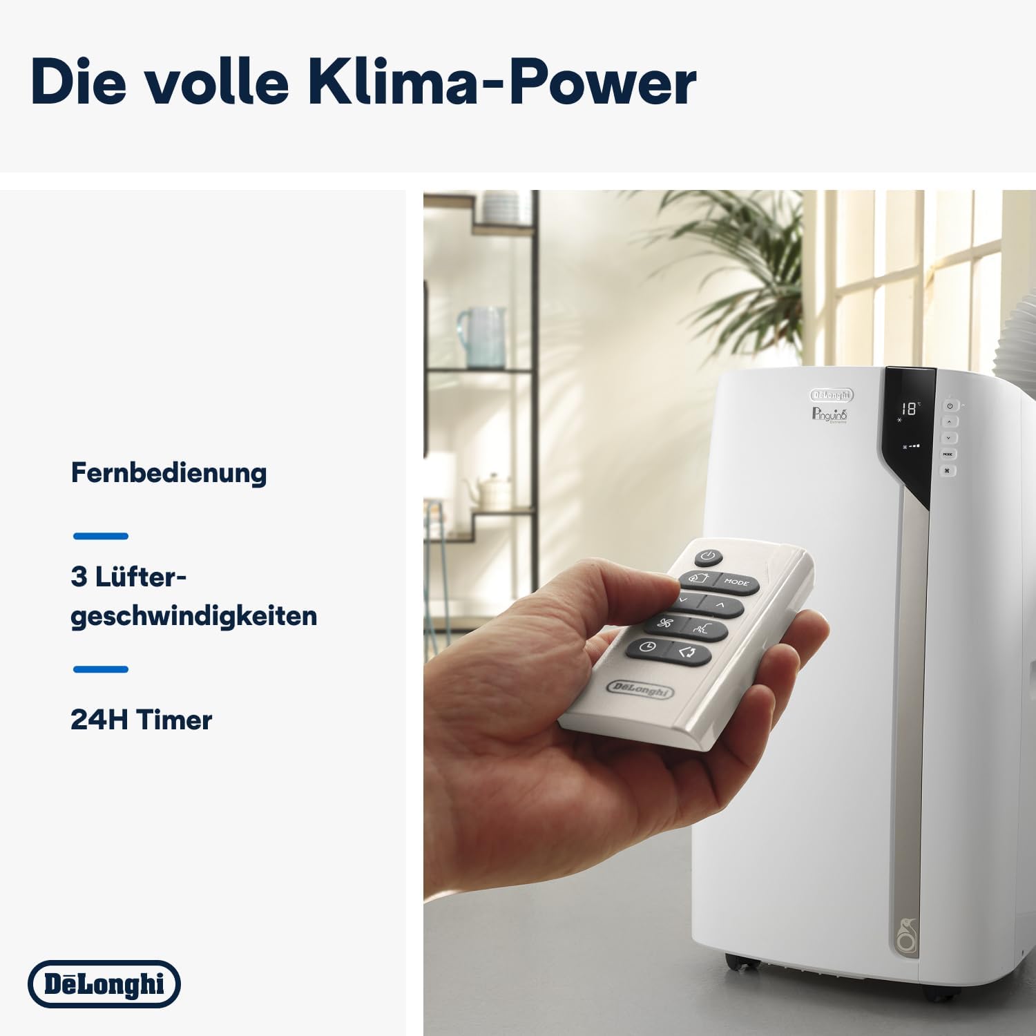 De'Longhi Pinguino PAC EX93 Mobiles Klimagerät mit Abluftschlauch, 60dB(A), Whisper Technology - Sehrleise, Klimaanlage für Räume bis 85m3, 3 Ventilatorgeschwindigkeiten, Entfeuchtungsfunktion, Weiß
